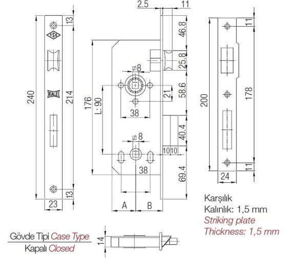 Врезной межкомнатный замок для деревянных дверей KALE KILIT 169R WC 90BS35, 23BP, SP, STB 169R3500005