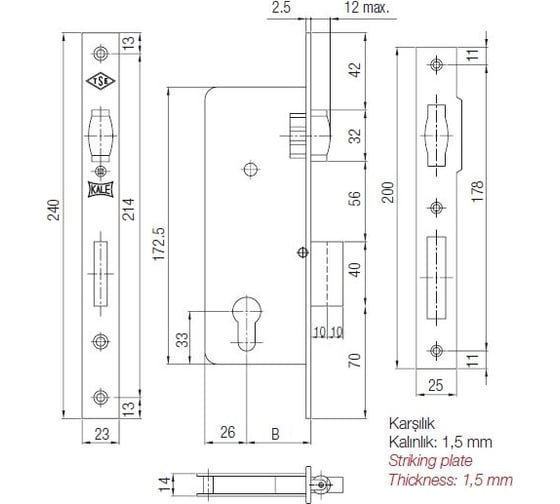 Врезной цилиндровый узкопрофильный замок KALE KILIT 154, BS40, R, 23NP, SP, Ros, STB 15440000006