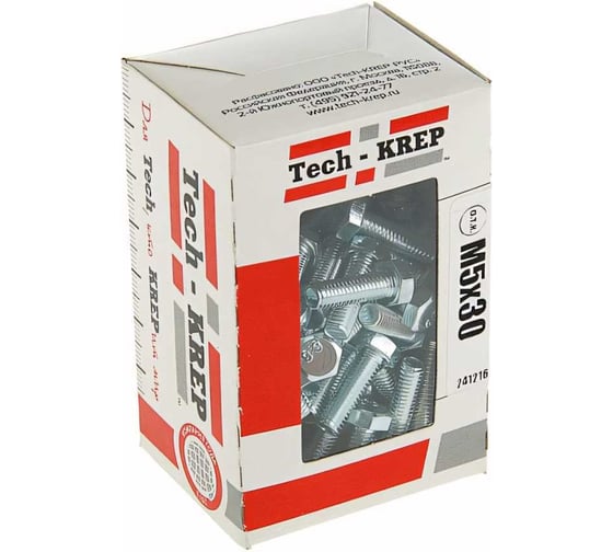 Болт DIN 933 с шестигранной головкой, оцинкованный М5х30, 80шт - коробка Tech-Krep 105197