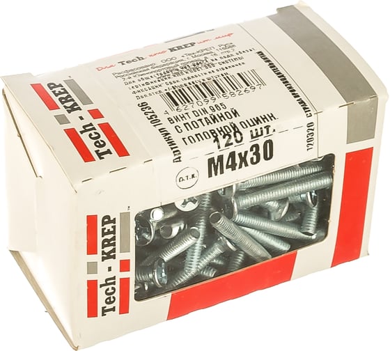 Винт DIN 965 с потайной головкой, оцинкованный М4х30, 120шт - коробка Tech-Krep 105236