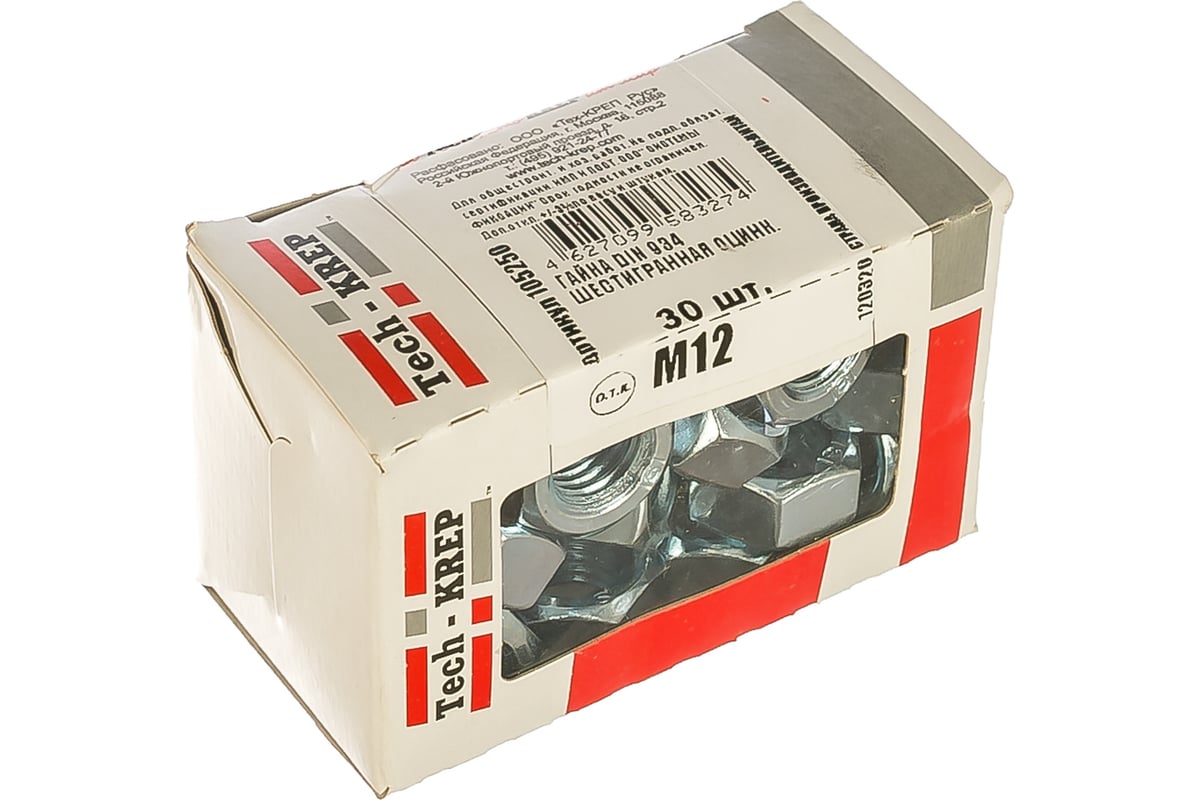 Шестигранная гайка DIN 934 оцинкованная М12, 30шт - коробка Tech-Krep ...