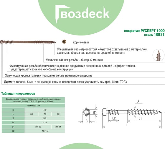 Саморез для террасной доски Гвозdeck потайной, 5,0х70 окрашенный, остроконечный, Torx 15, 100 шт. 20645070ECTXWG4