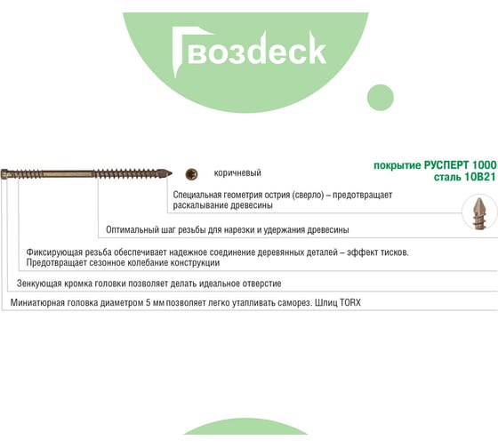 Саморез для террасной доски Гвозdeck потайной, 5,0х70 окрашенный, Torx 15, 100 шт. 20635070ECTXWG4