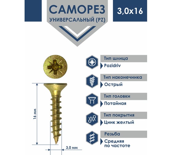 Универсальный саморез Rizzel PZ 3x16 мм, желтый цинк, короб с окошком, 2000 шт. 00000392788