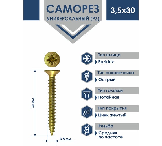 Универсальный саморез Rizzel PZ 3.5x30 мм, желтый цинк, короб с окошком, 1400 шт. 00-00444722