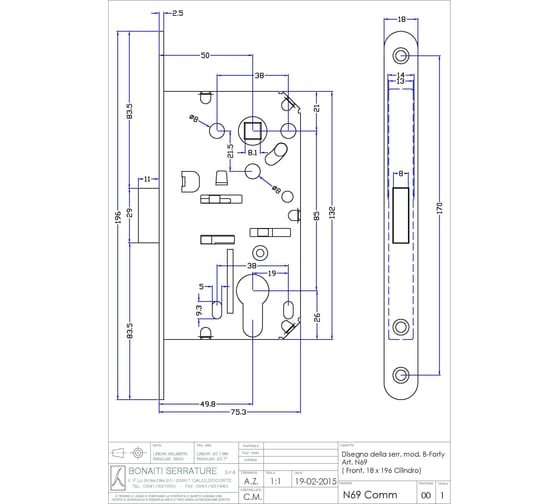 Корпус замка BONAITI b-forty с магнитной защелкой, черный, pz85 мм, под цилиндр, фронтальная планка 18x196 мм 52502