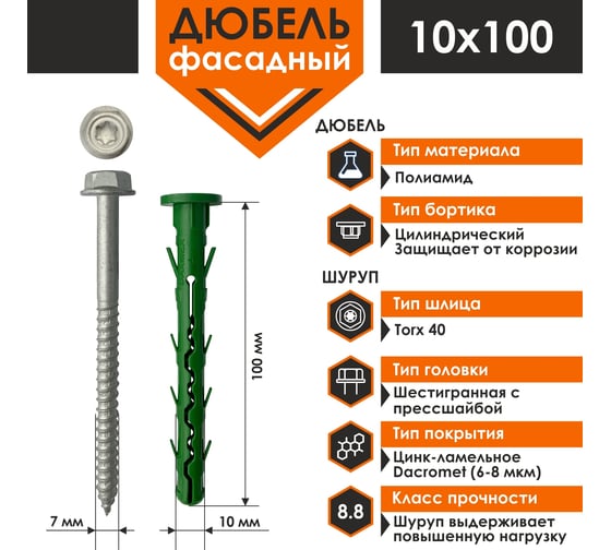 Фасадный дюбель Daxmer 10x100 мм, коробка, 250 шт. 00-00442747