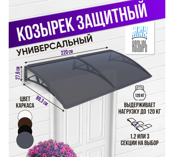 Защитный козырек (навес) ВПМ двойной, серый, поликарбонат сотовый темный, 6 мм 6191325