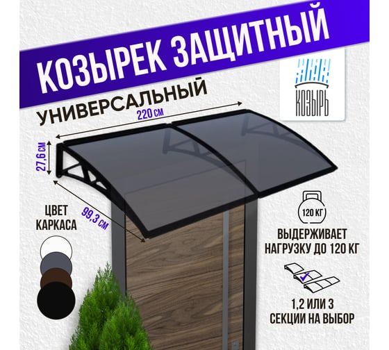 Защитный козырек (навес) ВПМ двойной, черный, поликарбонат сотовый темный, 6 мм 6191326