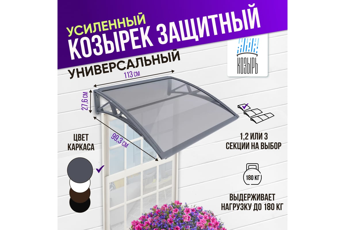 Защитный козырек (навес) ВПМ усиленный профиль, одинарный, серый ...