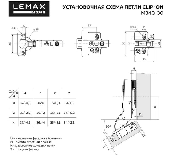 Мебельная петля Lemax PROF clip-on 3d с доводчиком 30 никель, 2 шт. 2pcs-M340-30