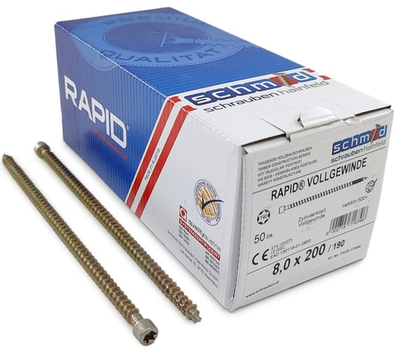 Шурупы Simpson Schmid Rapid FT CL 8.0x200/190 TX40 (Жёлтый цинк, полная резьба, цилиндр, 50 шт.) 1131740802000001 1