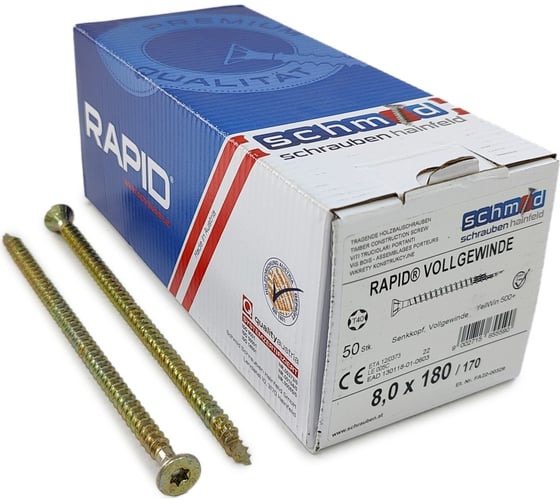 Шурупы Simpson Schmid Rapid FT SK Half-tip 8.0x180/170 TX40 (Жёлтый цинк, полная резьба, 50 шт.) 1935740801800001 1