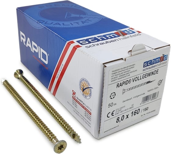 Шурупы Simpson Schmid Rapid FT SK Half-tip 8.0x160/150 TX40 (Жёлтый цинк, полная резьба, потай, 50 шт.) 1935740801600001 1
