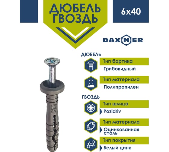 Дюбель-гвоздь Daxmer 6x40 гриб, полипропилен, 200 шт. 00-00446720