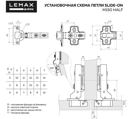 Петля Lemax PROF push-to-open с пружиной обратного хода slide-on, полунакладная, 2 шт. 2pcs-M150-Half