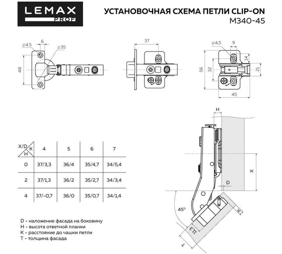 Мебельная петля Lemax PROF clip-on 3d с доводчиком 45 никель (2 шт.) 2pcs-M340-45