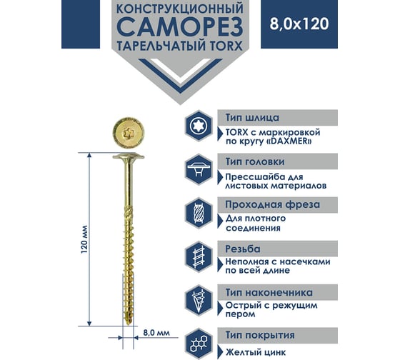 Саморез Daxmer конструкционный с прессшайбой TORX 8,0x120, 50 шт 00000436050