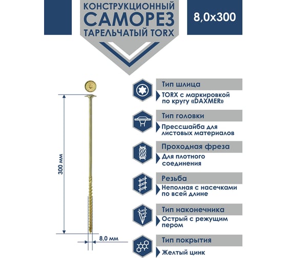 Конструкционный саморез Daxmer с прессшайбой, TORX 8x300 мм, 50 шт. 00000436035 00-00453422