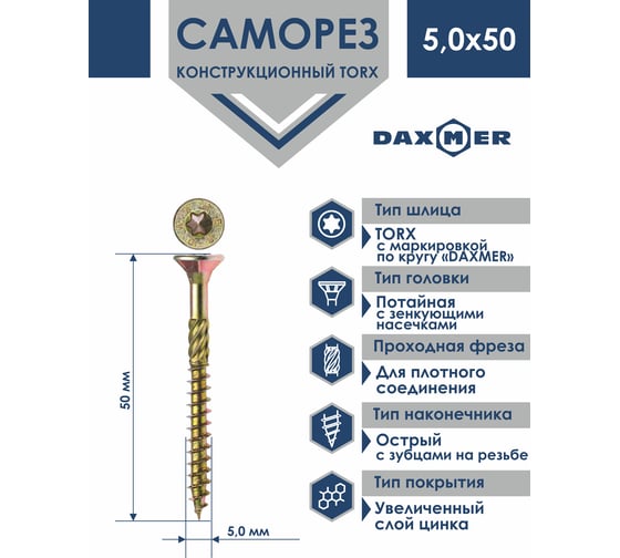Конструкционный универсальный саморез Daxmer TORX 5,0x50 мм, 250 шт. 00000346222