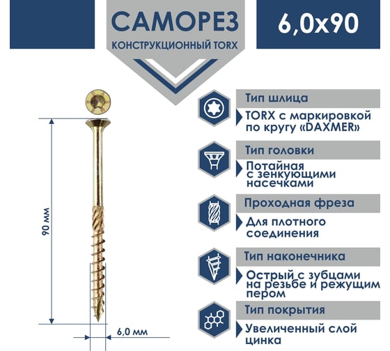 Саморез Daxmer конструкционный универсальный TORX 6,0x90, 200 шт 00000436027