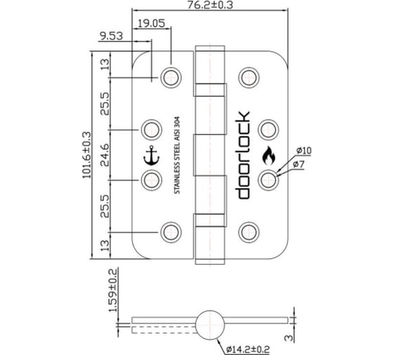 Комплект карточных петель Doorlock dl h102/76/2b/r/sss/black matt черная матовая, 102x76x3 мм, 2 штуки, скругленные 74078