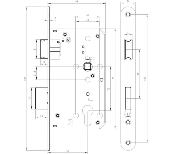 Корпус огнестойкого замка Doorlock DL1769С/65/72/24/9/SSS матовая нержавеющая сталь, реверсивный, под цилиндр, бэксет 65 мм, межосевое расстояние 72 мм 75307