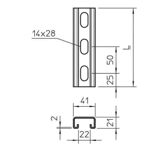 STRUT профиль OBO Bettermann перфорированный по основанию, 41х21x3000 мм, S=2 мм, оцинкованная сталь 1122920