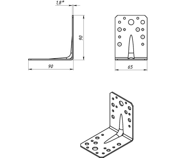 Крепежный уголок ТУНДРА krep 90x90x65x2 мм, усиленный, ГОЦ, 1 шт. 5294412