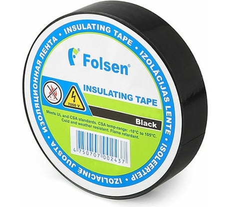 Изоляционная лента FOLSEN 19мм x 33м, черная,  Premium от -18oC до +105oC 013104