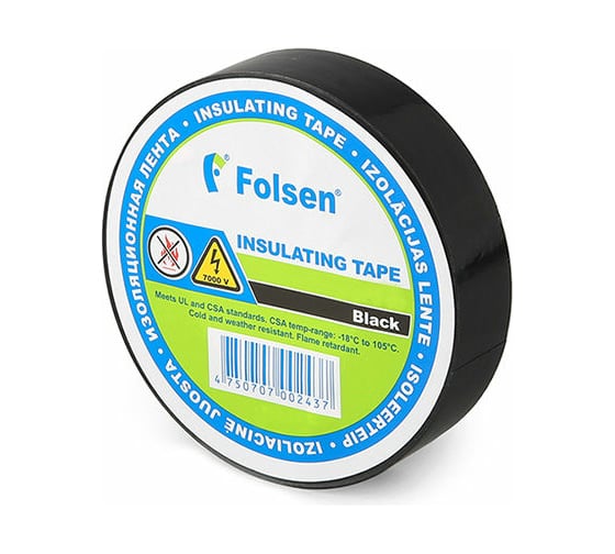 Изоляционная лента FOLSEN 19мм x 33м, черная,  Premium от -18oC до +105oC 013104 1