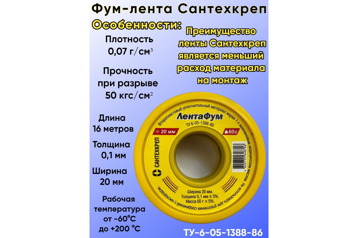 ФУМ- лента Сантехкреп 20х0,1 мм, в кассете, 60 г 2.4.7. - выгодная цена,  отзывы, характеристики, фото - купить в Москве и РФ