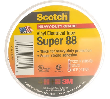Изолента ПВХ высшего Класса 3М Scotch Super 88 рулон 19 мм х 20 м х 0.22 мм 7100079942