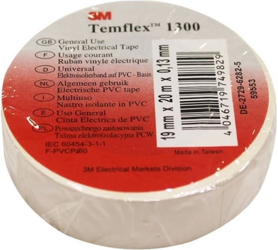 Изолента ПВХ 3М Temflex 1300 белая, рулон 19 мм x 20 м 7100080344