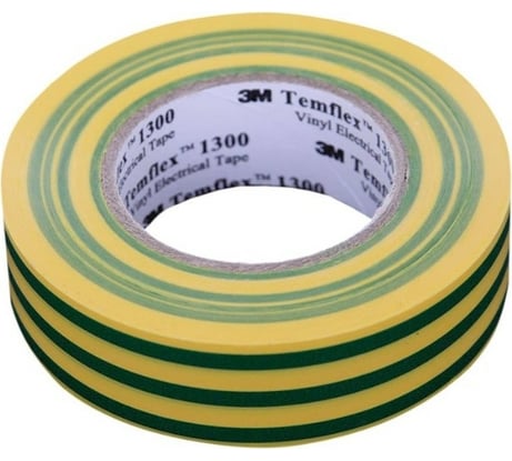 Изолента ПВХ 3М Temflex 1300 желто-зеленая, рулон 19 мм x 20 м 7100080346
