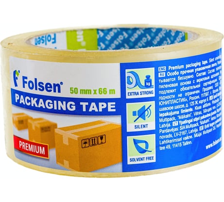 Упаковочная лента премиум FOLSEN PP 32 мкм, прозрачная 50 мм х 66 м 0453750