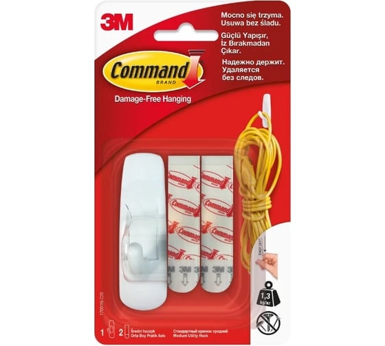 Крючок Command белый, средний 1 шт./2 бел.пол. 17001N 7100139587
