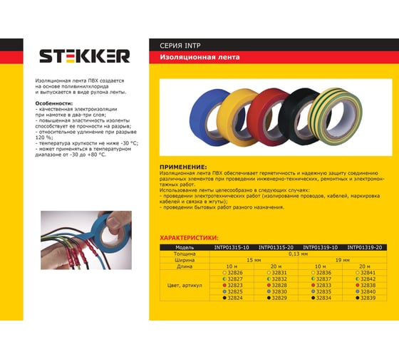 Изоляционная лента STEKKER 0,13x19 мм, 20 м, красная, INTP01319-20 32838