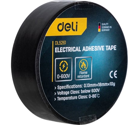 Изолента DELI dl5261 0.13х18 мм, 10 м, напряжения до 600в, температурный диапазон 0-80, ПВХ 98298