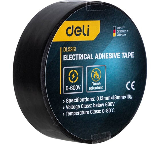 Изолента DELI dl5261 0.13х18 мм, 10 м, напряжения до 600в, температурный диапазон 0-80, ПВХ 98298