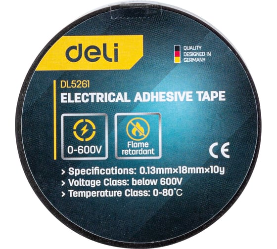 Изолента DELI dl5261 0.13х18 мм, 10 м, напряжения до 600в, температурный диапазон 0-80, ПВХ 98298