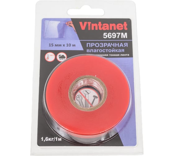 Двусторонняя лента на ПЭТ основе VINTANET 5697М, прозрачная, влагостойкая, 15 мм, 10 м 5697M 15MMX10M 1