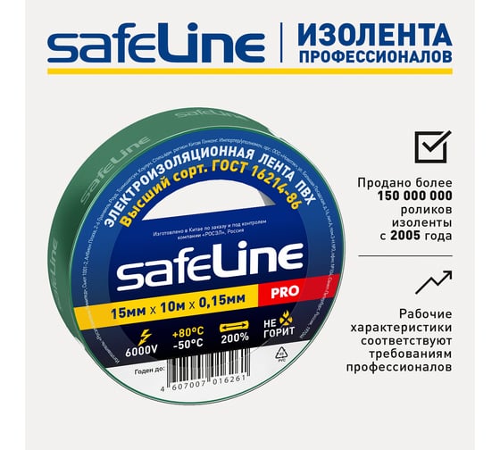Изолента Safeline 15/10 зеленый 12119
