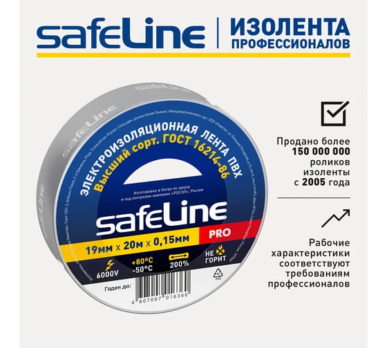 Изолента Safeline 19/20 серо-стальной 12124