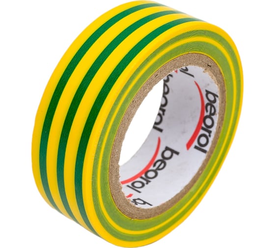 Изолента BEOROL ПВХ, 19 мм, 10 м, желто-зеленая 245321