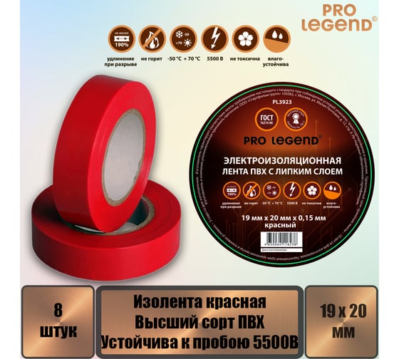 Изолента Pro Legend 19/20 красный, 8 шт. PL3923_8