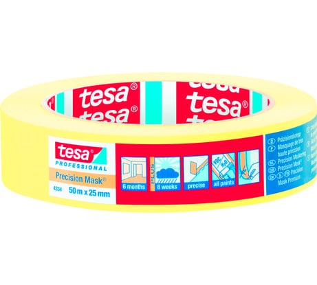 Малярная лента TESA желтая, Четкий край 50м х 25мм, 6 мес. 04334-00001-00