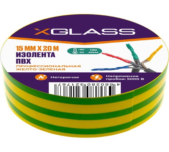 Изолента XGLASS 15 мм, 20 м желто-зеленая 160493 1