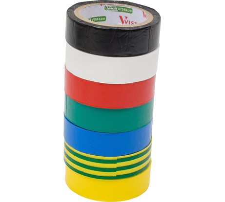 Изоляционная лента VISTO VIStape R15 5 м, 15 мм х 0,15 мм, 7 цветов (чёрная, белая, красная, зелёная, жёлтая, жёлто-зелёная, голубая) 4619-083-11