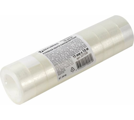 Канцелярская клейкая лента BRAUBERG 15 мм х 10 м, 10 шт., прозрачная 227258